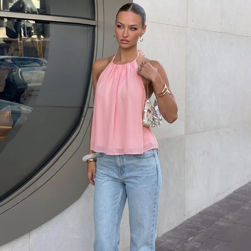 FDYOUI Women's Halter Off Shoulder Camisoles 2026 Summer Sexy Lace-up Backless Pink Tank Top Girls Loose Solid Tops Streetwear