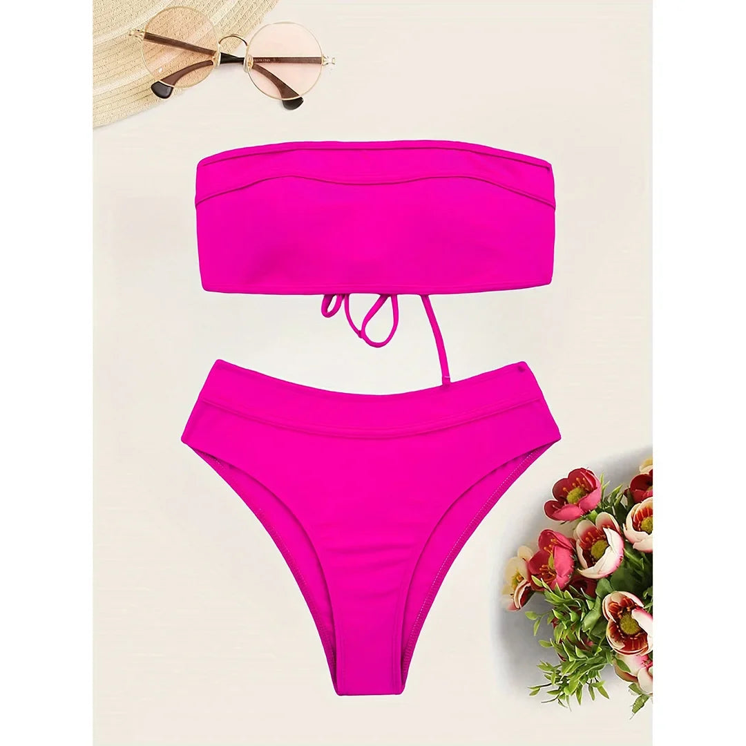 Sexy Bandeau High Leg Cut Female Swimsuit High Waist Bikini Women Swimwear Two-Pieces Bikini Set Bather Bathing Suit Swim V5444