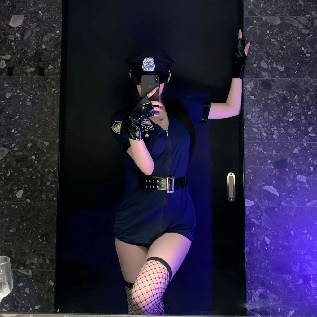Sexy Cosplay Policewoman Midnight Uniform SM Zipper Bodysuits Solid Color Deep V Short Sleeved Wrap Hip Bodysuits Charming K0JQ