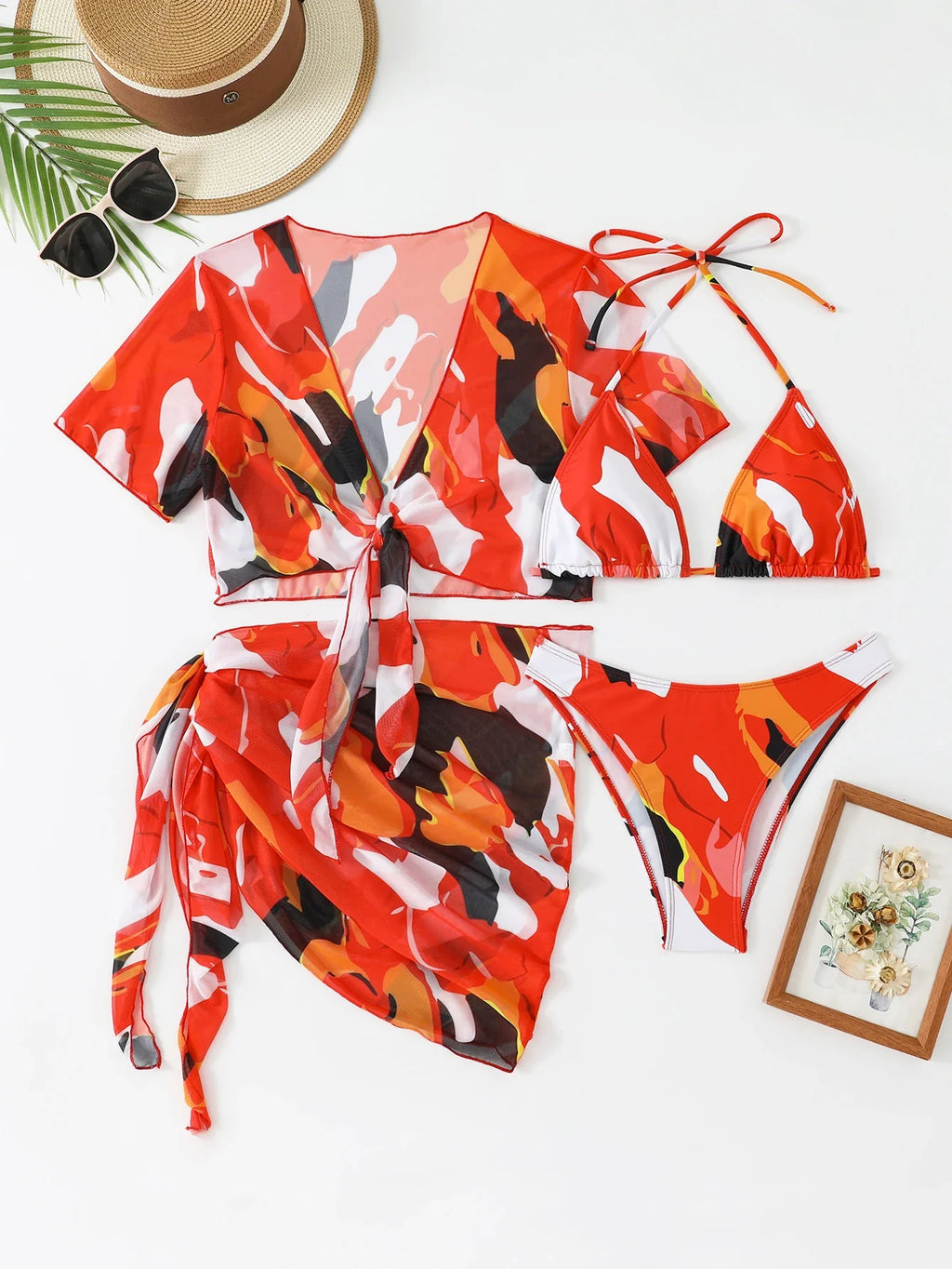 4 Pieces Triangle Bikinis 2026 Women Padded Swimwear Female Sexy Printed Swimsuit Bathers Bathing Swimming Swim Suit Beachwear