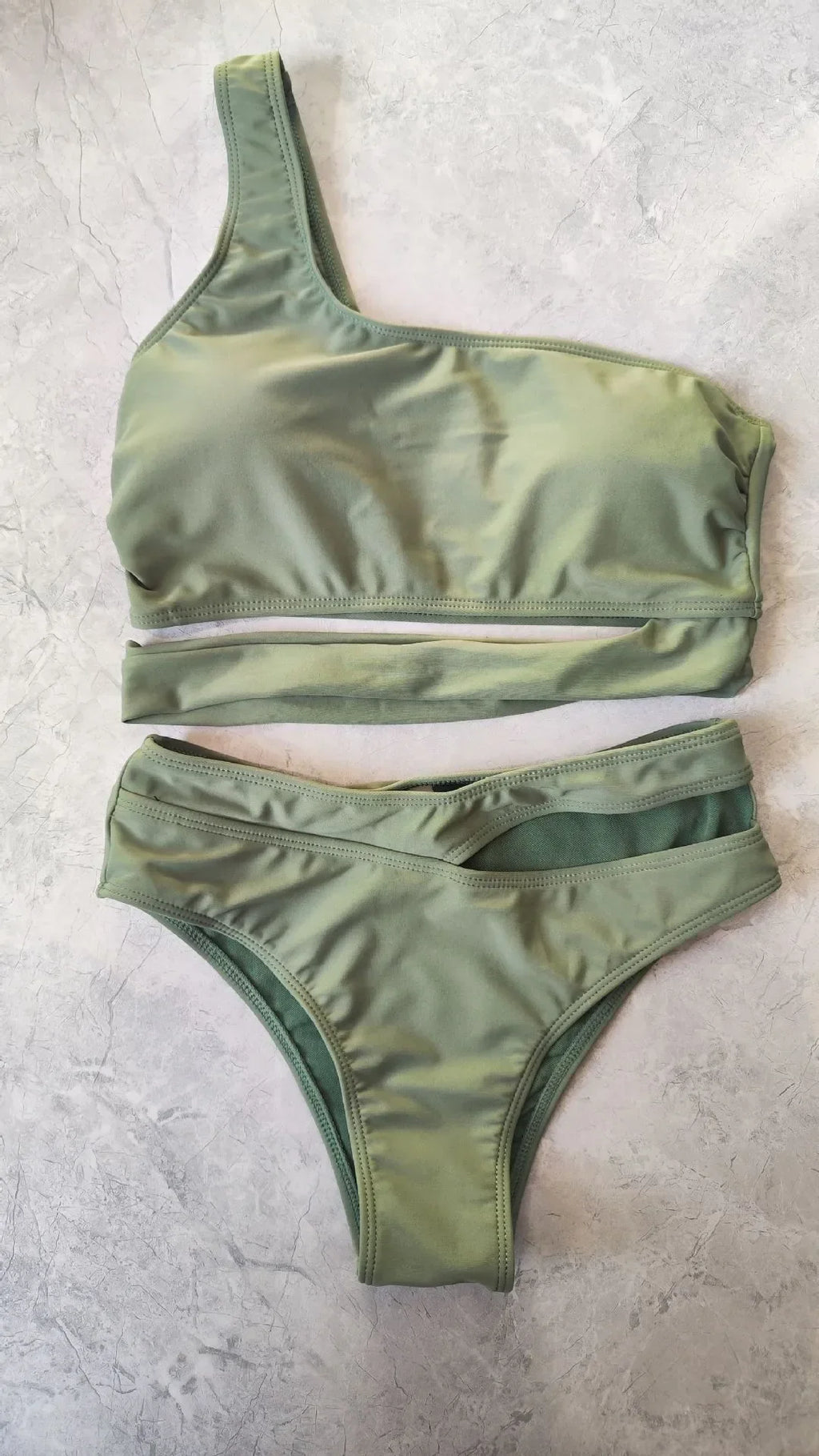 Woman 2026 Bikini One Shoulder Top Olive Green Bikinis High Waist Brief Side Cut Out Swimwear Solid Cropped Top Two Piece