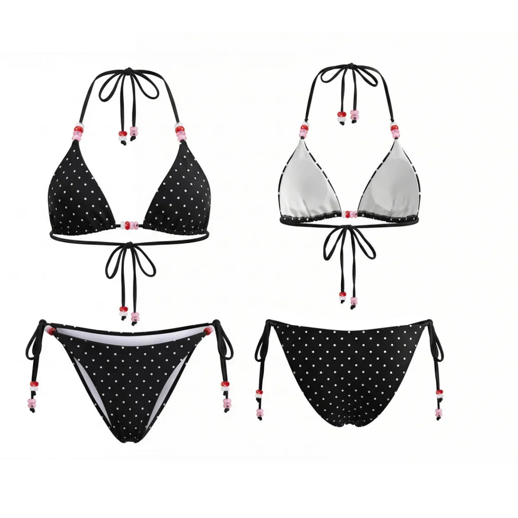 2026 Summer Women's Bikini Set Striped Dots Halter Bra with Side Tie-ups Bead Briefs 2 Piece Swimsuits Female Bathing Suits