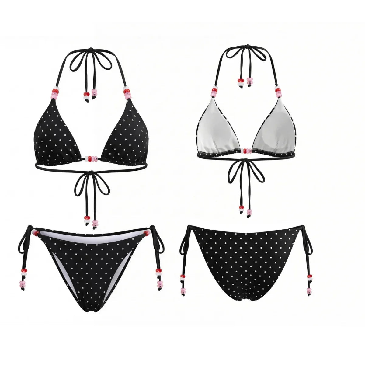 2026 Summer Women's Bikini Set Striped Dots Halter Bra with Side Tie-ups Bead Briefs 2 Piece Swimsuits Female Bathing Suits