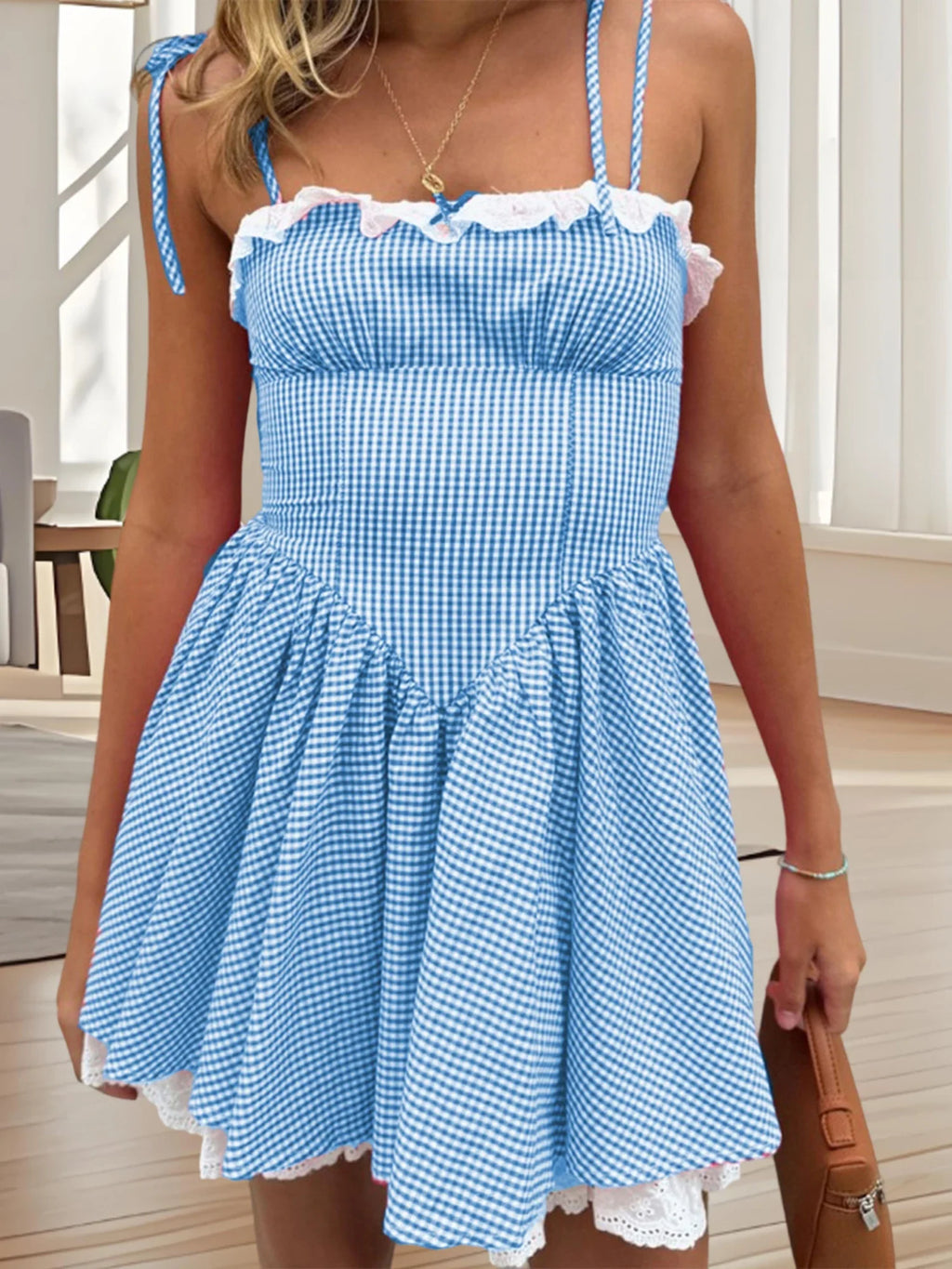 Summer Plaid Mini Cami Dress for Women Fashion Slim Ruffle Trim Tie-up Spaghetti Strap A-line Dresses for Daily Party