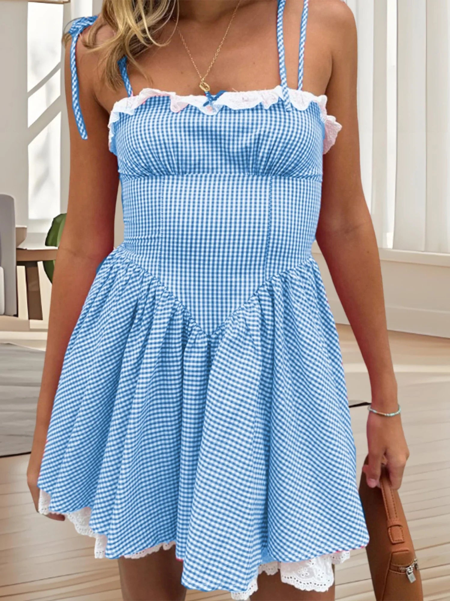 Summer Plaid Mini Cami Dress for Women Fashion Slim Ruffle Trim Tie-up Spaghetti Strap A-line Dresses for Daily Party