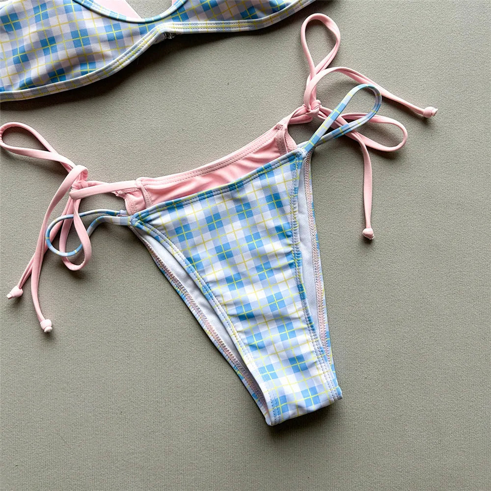 Red Plaid Print Patchwork Swimwear Sexy String Micro Thong Bikinis Sets Swimsuit Woman 2026 Bathing Suit Brazilian Bikini Mujer