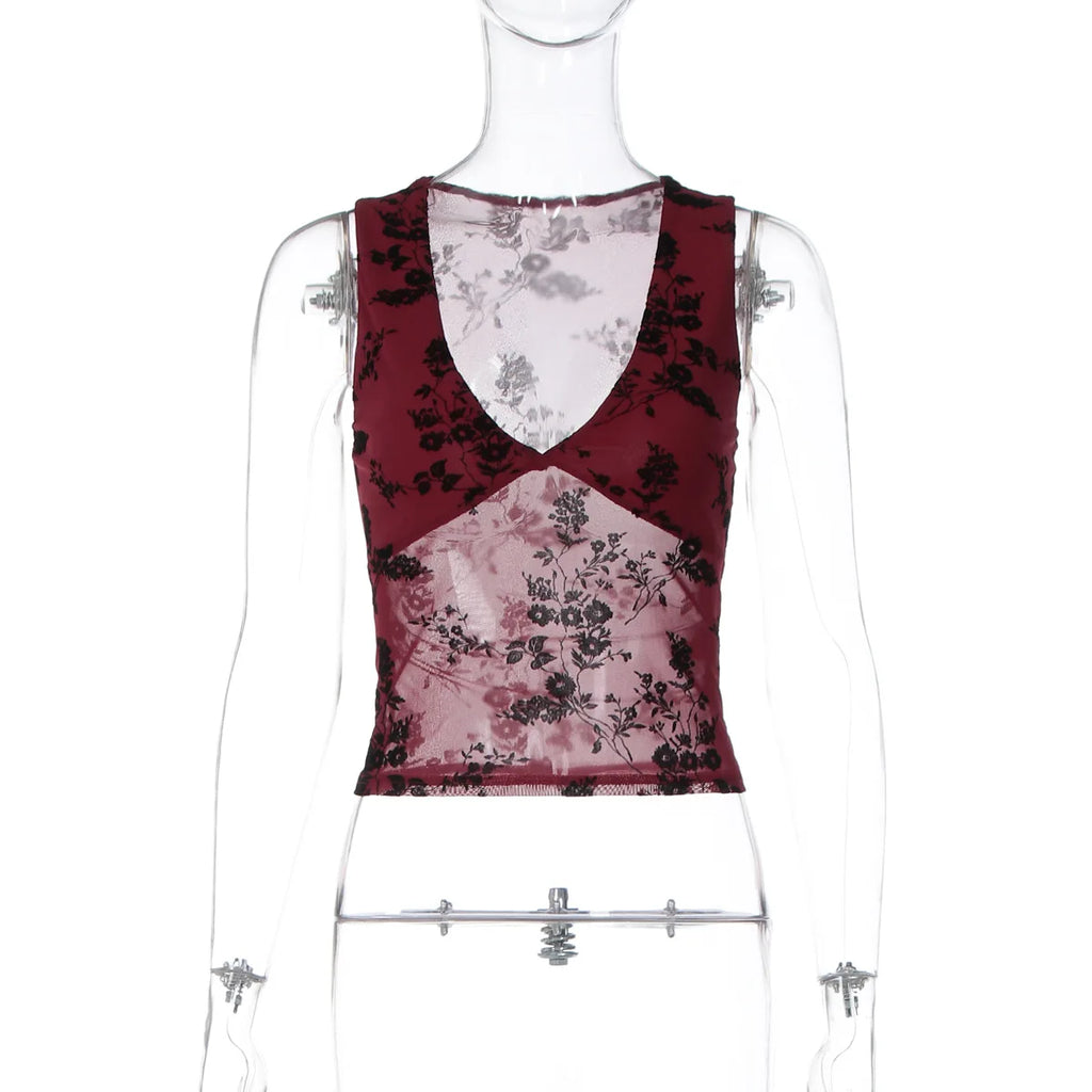 FDYOUI Sexy V-neck Floral Tank Tops for Women 2026 Summer Sleeveless T-shirt Ladies See-through Mesh Corset Top Black Wine Red