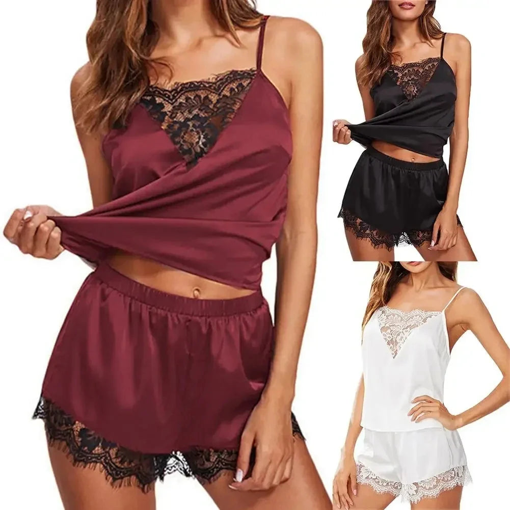 2PCS Sexy Pajama Set Women Sexy Lace Patchwork Satin Silk Suspender Top Hot Shorts Sleepwear Women Nightgown Female Sleepwear