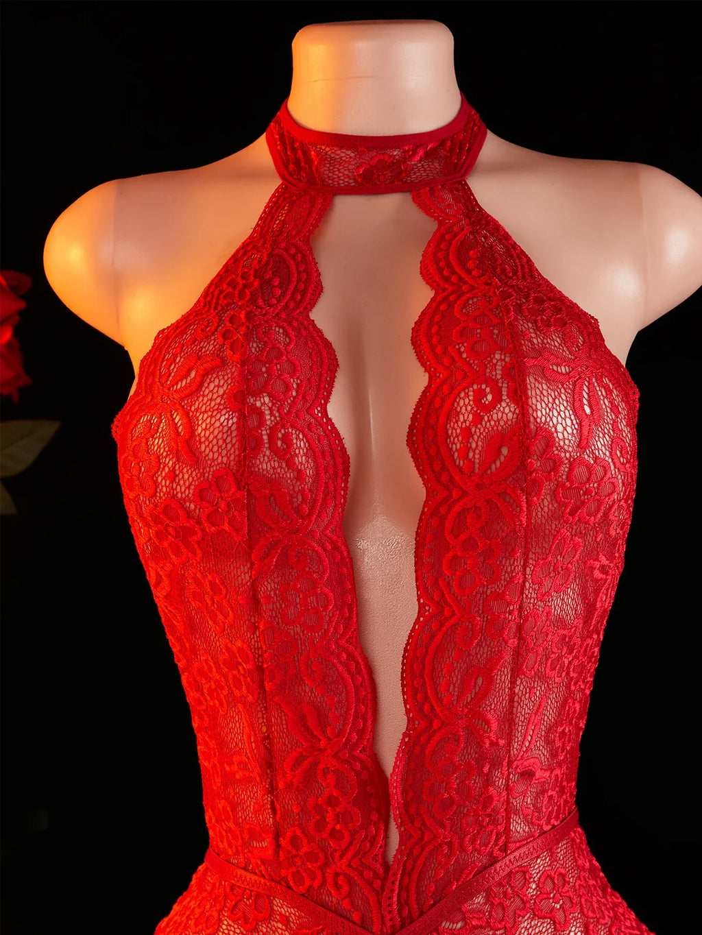 Adult Deep V-neck Hanging Neck Lace Flower Print Lingerie Solid Color Knitted Sexy Backless Underwear Women's Jumpsuit Clothing