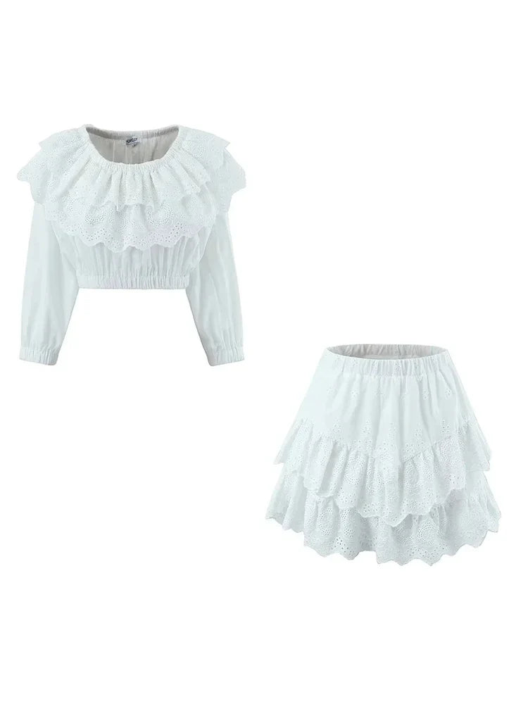 Foridol Summer Off Shoulder White Lace Skirt Set Dress Women Outfits Ruffles Tiered Mini Flower Embriodery Two Pieces Beach Suit
