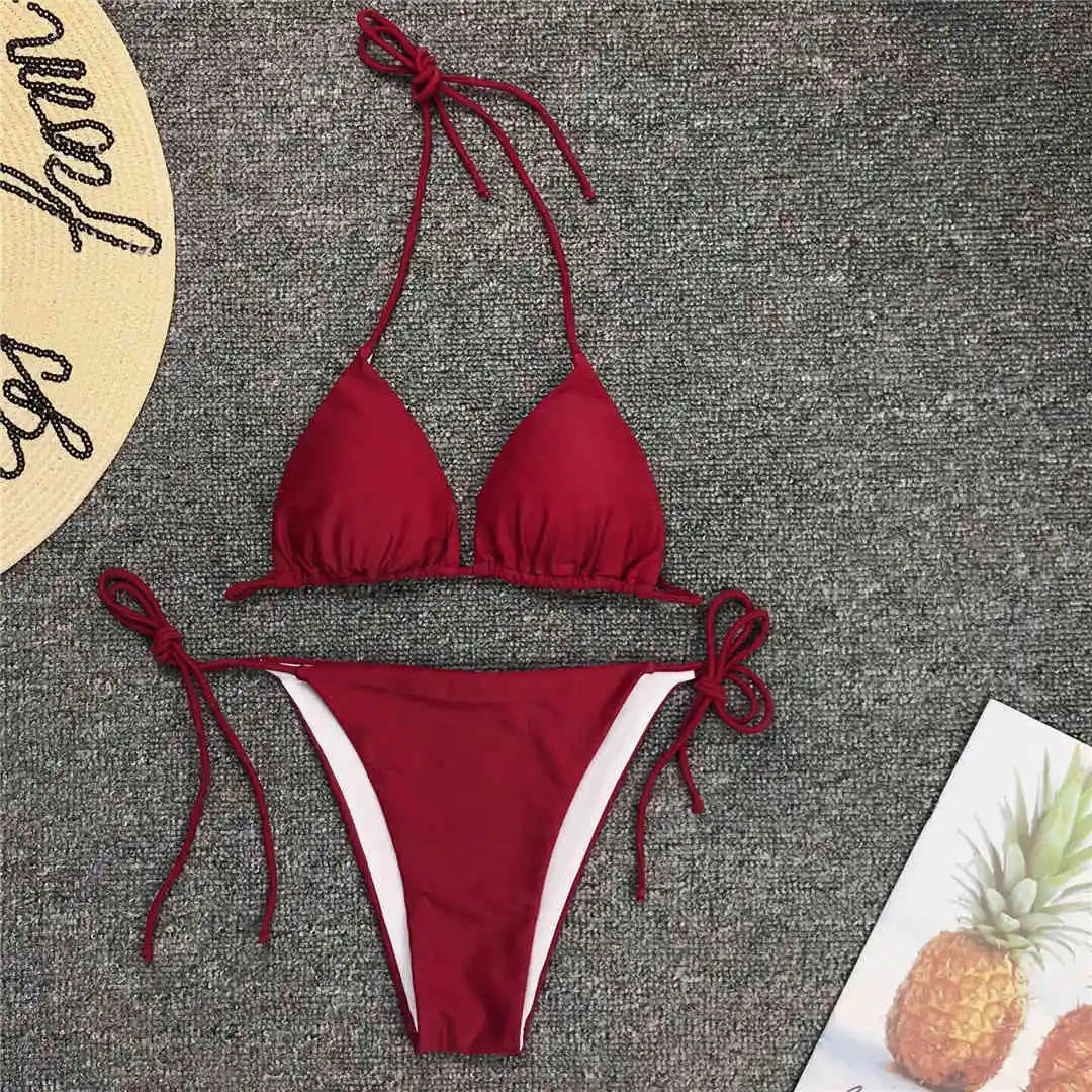 New Sexy Neon Pink Brazilian Bikini Women Swimwear Halter Swimsuit Female Two-Pieces Bikini Set Bather Bathing Suit Swim V1312