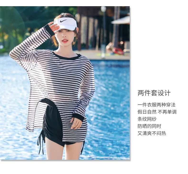 Swimsuit Plus Size Girl Conservative Split Fashion Sports Sunscreen Long Sleeved Slimming Hot Spring Three Piece Set