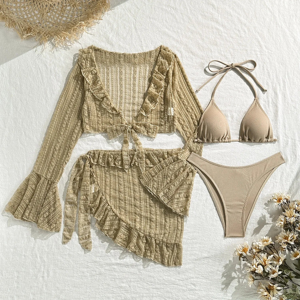 DEKA 4Pcs/Set Mesh Sheath Bikini Set Female Mini Camis Briefs Short Skirt Swimwear Fashion Drawstring Long Sleeve Boho Swimsuit