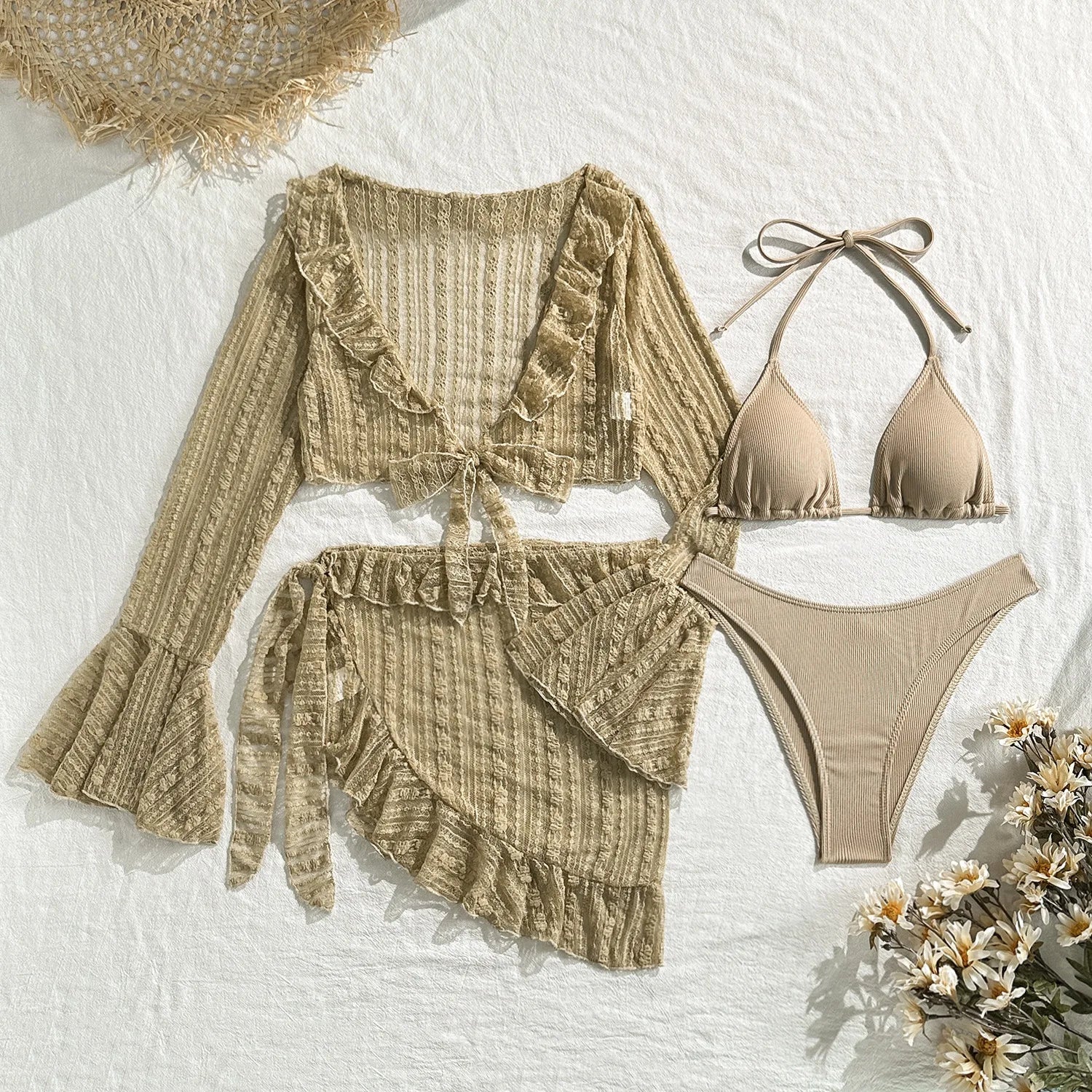 DEKA 4Pcs/Set Mesh Sheath Bikini Set Female Mini Camis Briefs Short Skirt Swimwear Fashion Drawstring Long Sleeve Boho Swimsuit