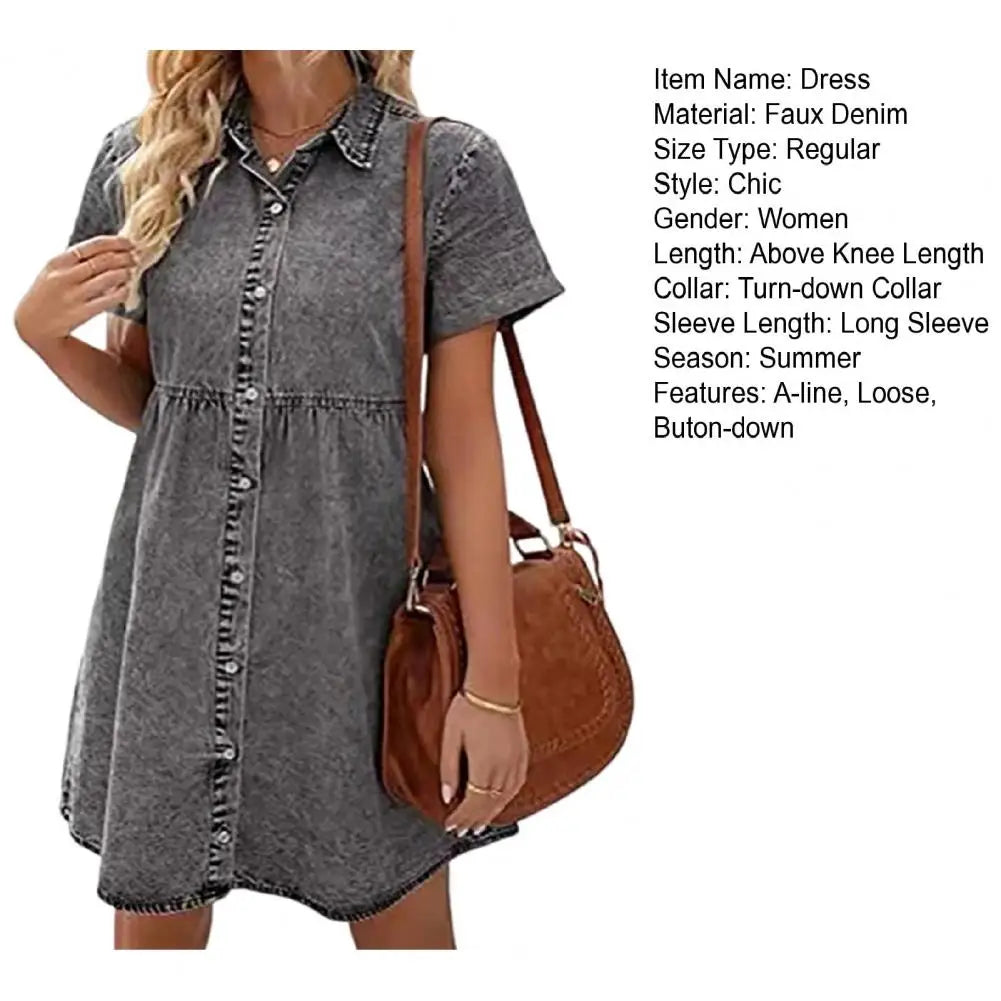 Faux Denim Button-down Mini Dress Women Summer Dress Short Sleeves A-line Lapel Patchwork Dress for Dating Commuting Party