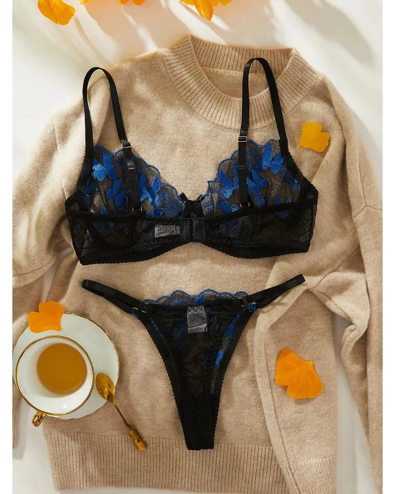 Toucheart Sexy Bra Underwear Set For Women Embroidery Butterfly Printing Patchwork Mesh Hollow Out Perspective Underwear Suit