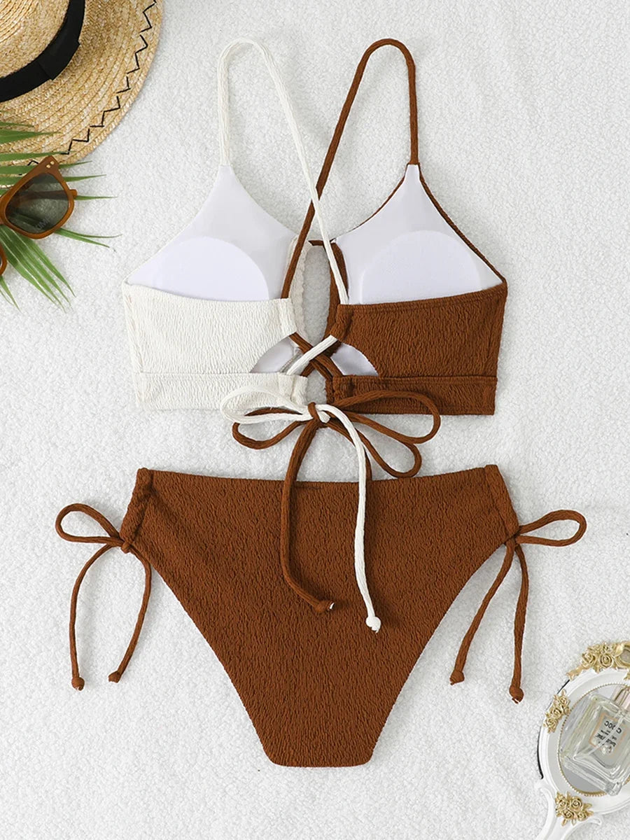 2026 Drawstring Triangle Bikini Women Sexy Color Block Swimwear Female Strappy Swimsuit Bathers Bathing Swimming Swim Suit