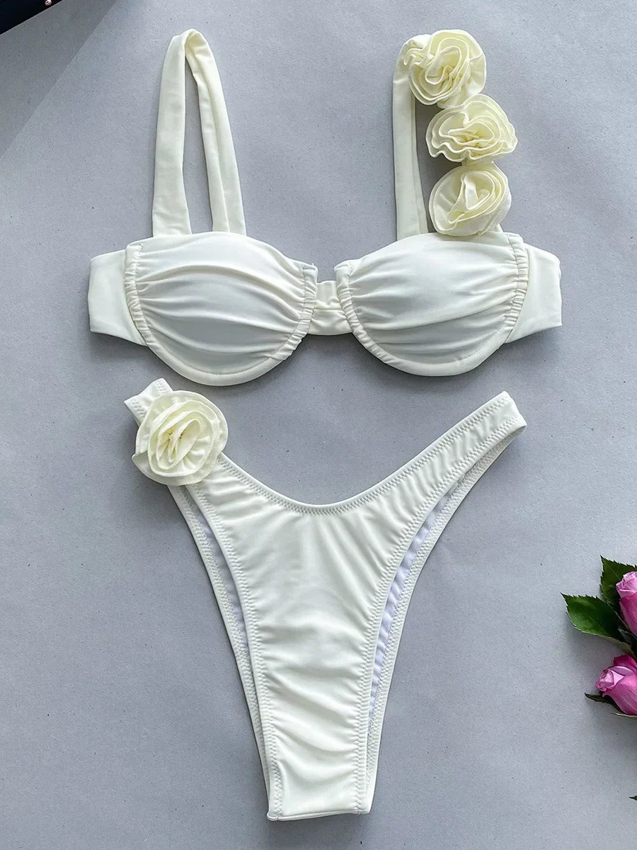 3D Flowers Underwired Brazilian Bikini Women Thong Swimwear Female Swimsuit Two-pieces Bikini Set Push Up Bathing Suit Swim