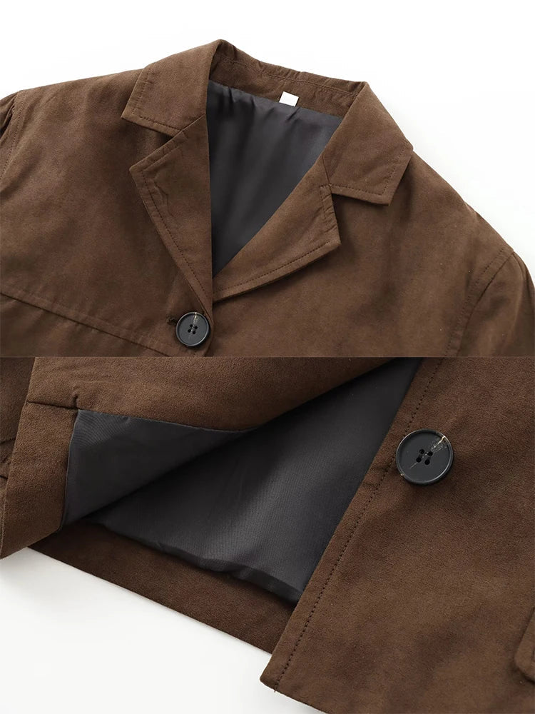 Foridol Buttons Brown Suede Jacket Autumn for Women Pockets Casual Turn Down Collar Short Jacket Femme Veste Chic New Coat