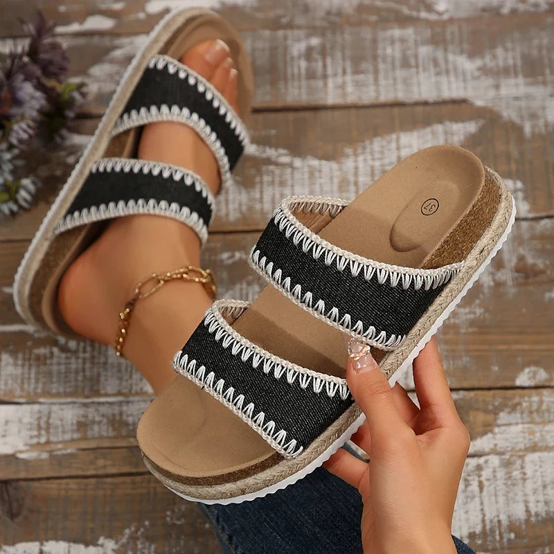 Bohemian Style Platform Slippers Women Plus Size 43 Embroidery Denim Thick Bottom Sandals Woman Open Toe Non Slip Summer Sandles