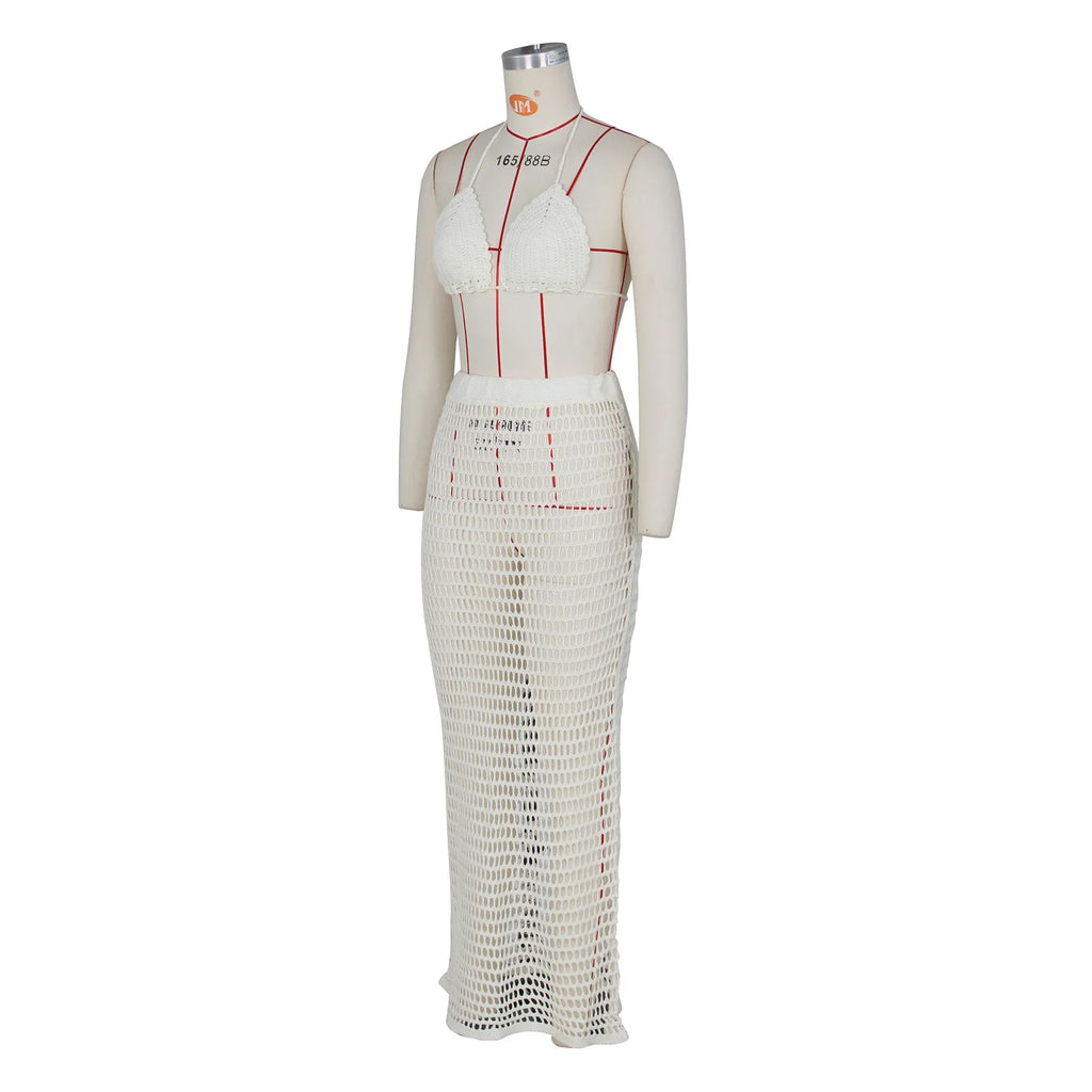 DEKA Beach Cover Up High Split Crochet Knitted Tunic Beach Dress Beach Wear Beachwear Women Long Knit Hollow Tassels Skirt Suit