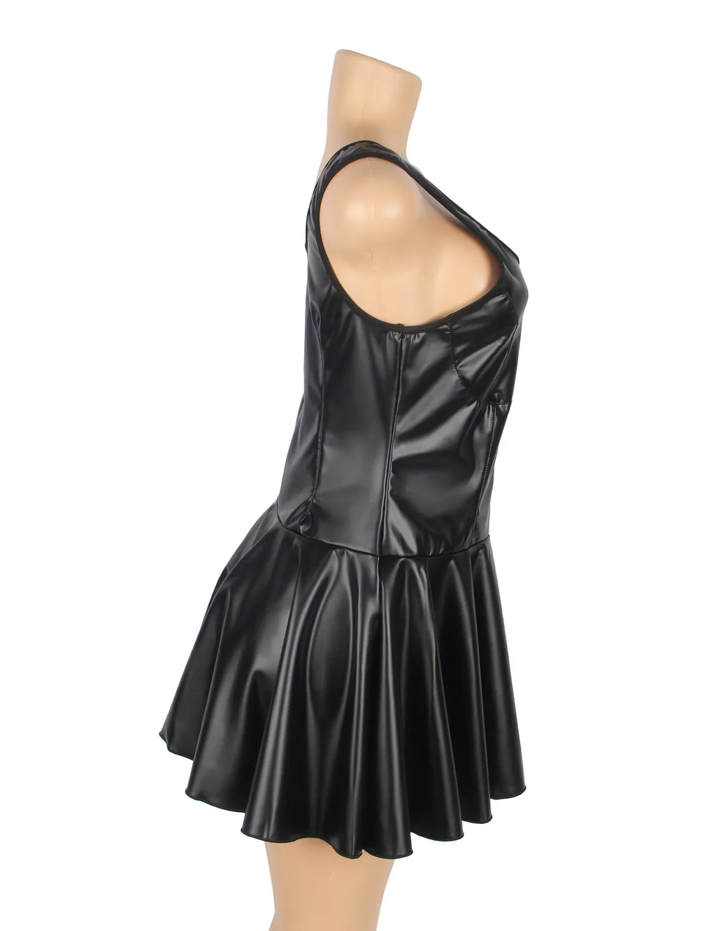 Black PU Leather Wide Strap Mini Dress for Women Heart Zipper Sexy Night Out Clubwear Plus Size Faux Leather Bodycon Babydoll