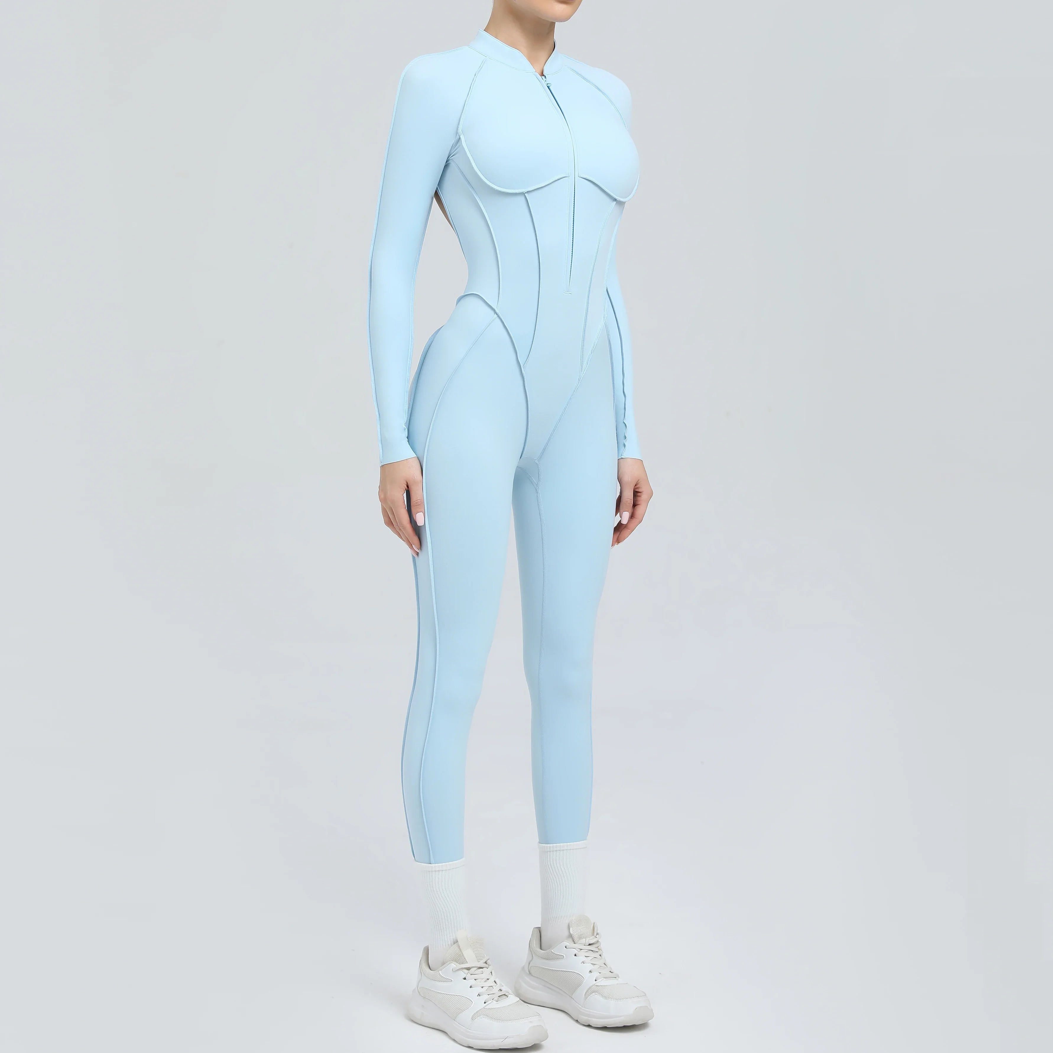Padded Women Long Sleeve Sport Yoga Jumpsuit Workout Clothes for Women Sportwear Backless Zipper Fitness Gym Outfit