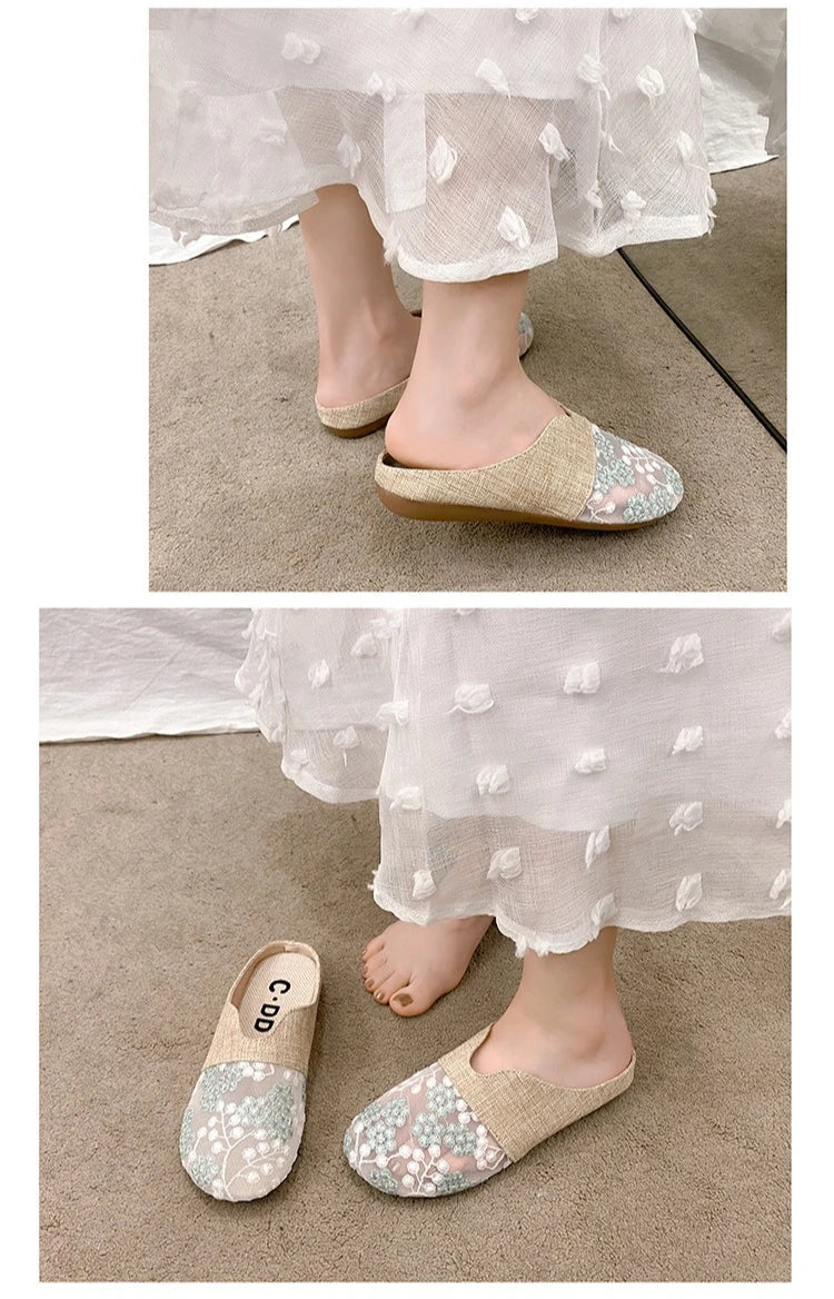Breathable Mesh Linen Slippers For Women Summer Flat Shoes Anti-slip Female Indoor Outdoor Slides Office Lady Walking Sandals