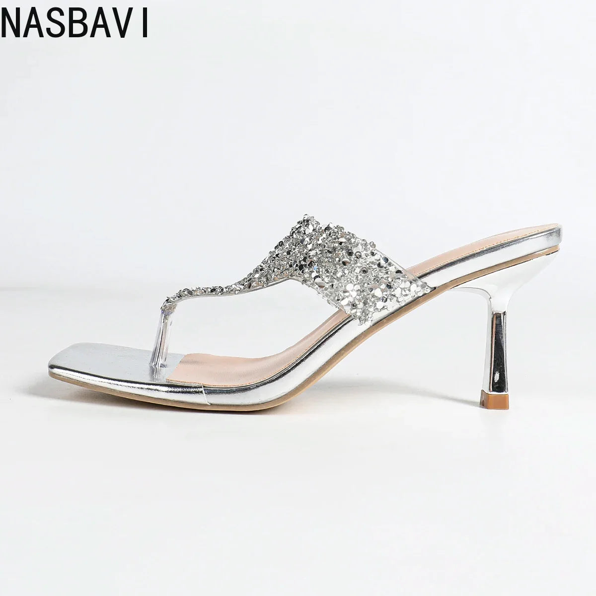 NASBAVI 7cm Thin-heeled Flip-flops for Summer, Shiny Rhinestones, Square-toed, Open-toed, Hermeted Casual Outerwear for Women