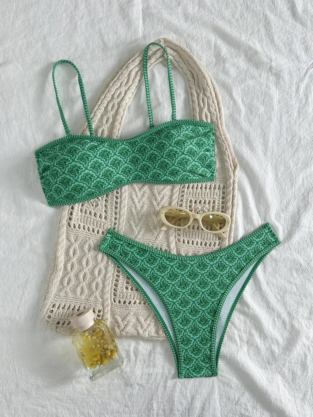Sexy Bandeau Bikini 2026 Women Green Floral Pleate Push Up Padded Thong Swimsuit Summer Bathing Suit Two Piece Swimwear Biquini