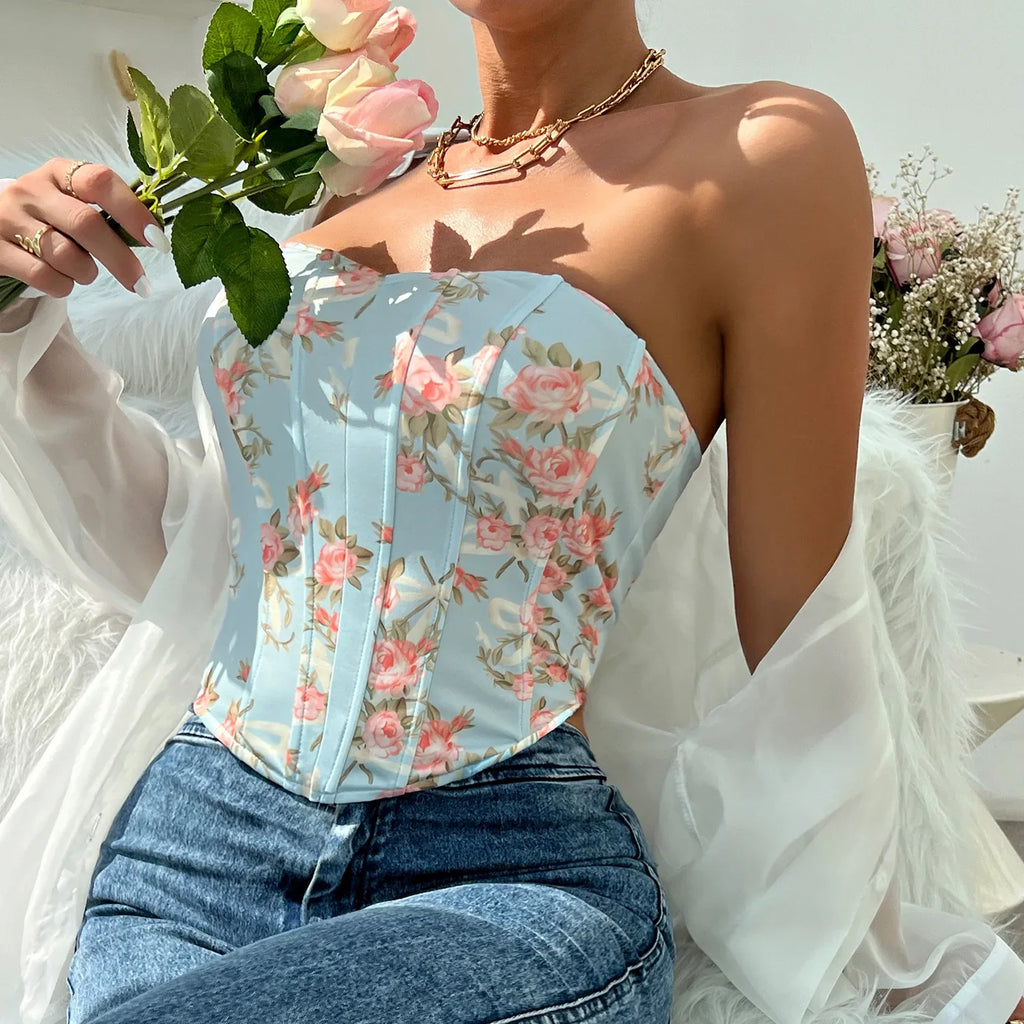 Summer Women Floral Y2K Crop Tops Printed Sleeveless Fishbone Corset Woman Sexy Backless Slim Strapless Streetwear Camisole