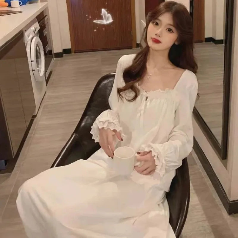 Long Sleeve Princess Style Nightdress Women's Pajamas Lace Palace Korean Version Loose Plus Size New Homewear Birthday Gift