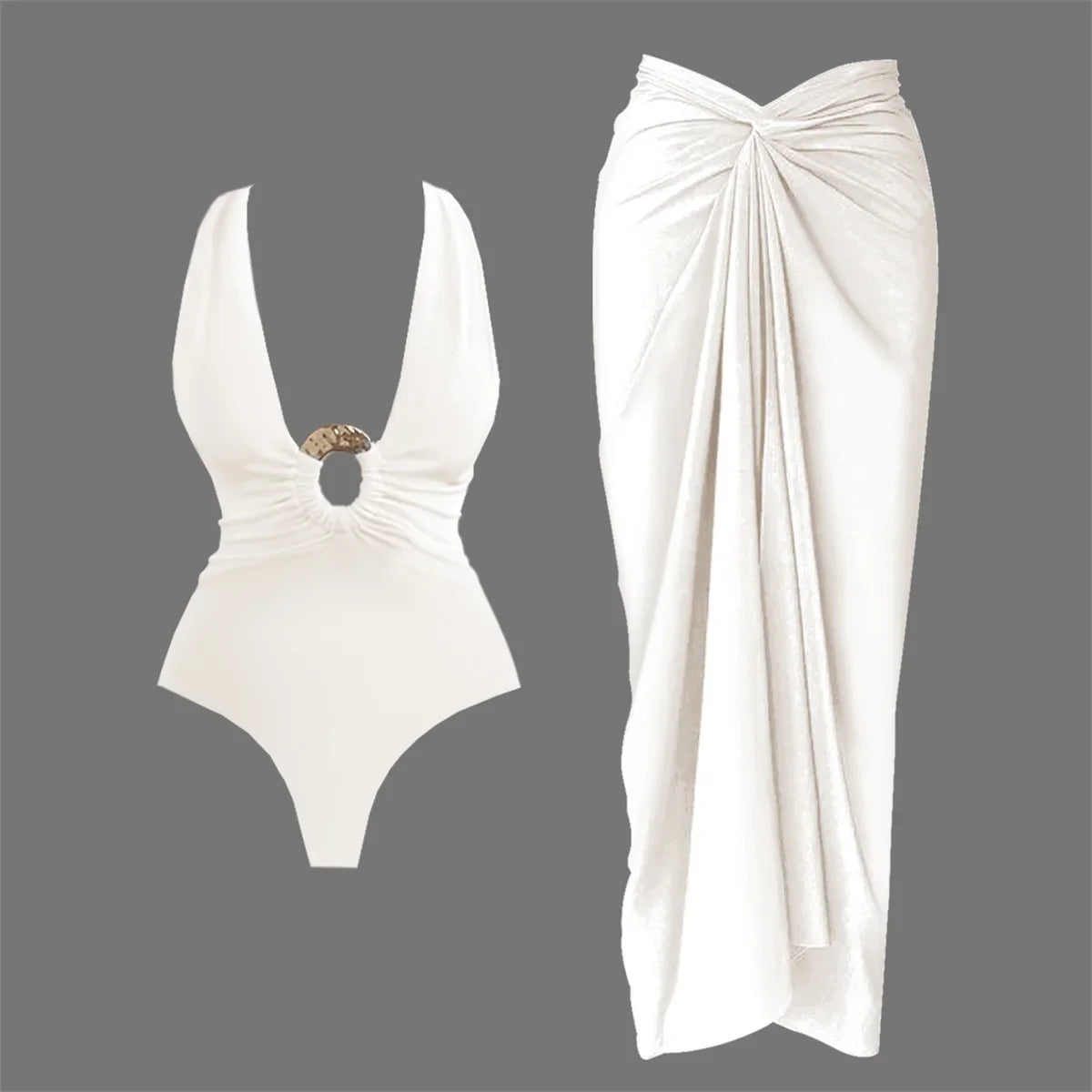 2Pcs Deep V Swimsuit With Long Skirt Women Sexy Swimwear Female Bikini Cut Out Biquini Swim Suit Shiny Button Bodysuit Beachwear