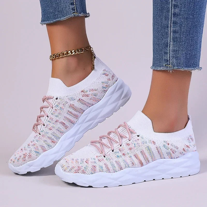 Mixed Color Knitted Platform Sneakers Women Spring Summer Casual Thick Sole Sports Shoes Woman Lace Up Non Slip Walking Shoes
