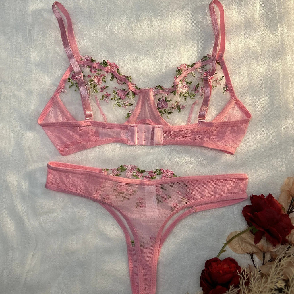 Purple Embroidery Sexy Lingerie Set Hot Semi-Sheer Temptation Bra And Panties Sets Fancy Erotic Sleepwear Beautiful Underwear
