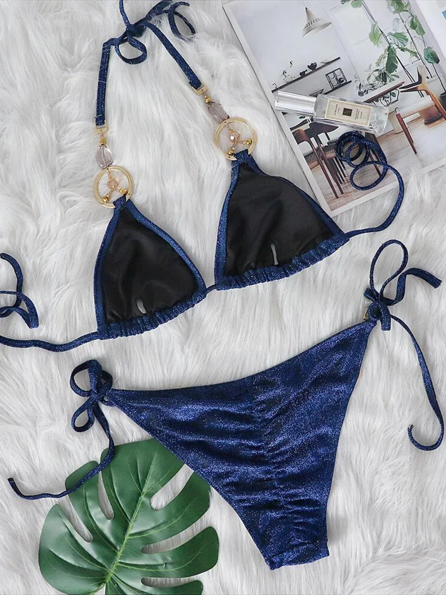 2025 Halter Sparkling Brazilian Diamond Bikini Women Swimsuit Female Swimwear Two Pieces Bikini Set PU Leather Bathing Suit Swim