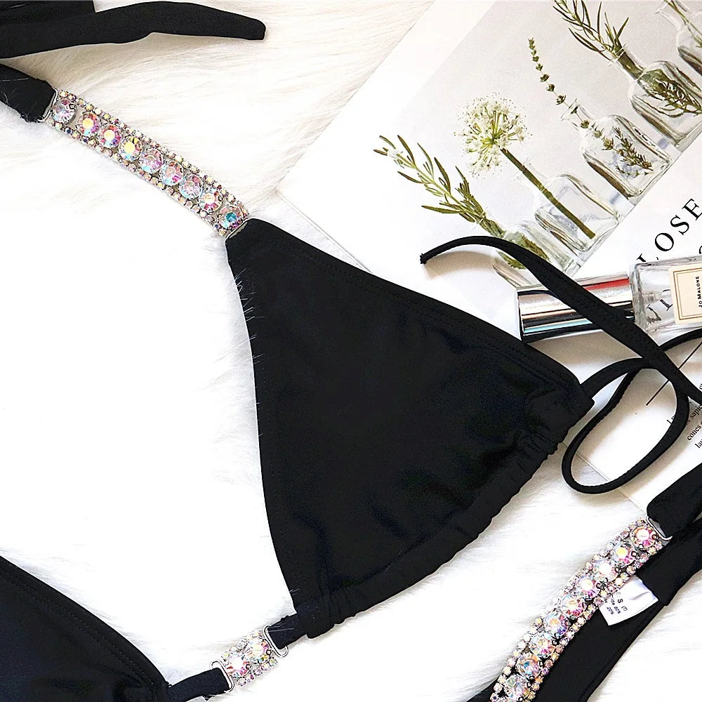 4 Colors Sexy Bikini Women Solid Luxe Rhinestone Bandage Halter Swimwear Swimsuit Female Bikinis Set Bathing Suit Beach Thong