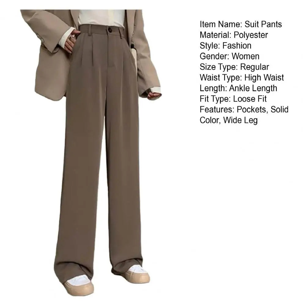Women High Waist Straight Wide Leg Pants Solid Color Suit Pants Elastic Slant Pockets Loose Office Trousers
