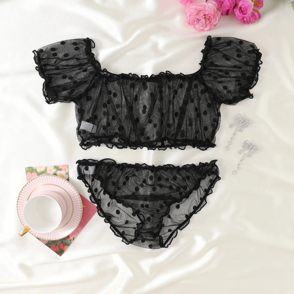 Women 2-Piece Transparent Erotic Sexy Lingerie Dot Embroidery Mesh Fancy Outfit Romantic Hot Underwear Set Bra And Panty Sets