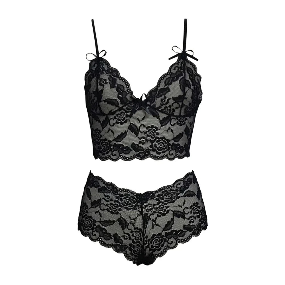 2026 New Floral Thin Lace Lingerie Set Women Triangle Cup Bralette Adjustable Strap Printed Intimate Underwear Suit