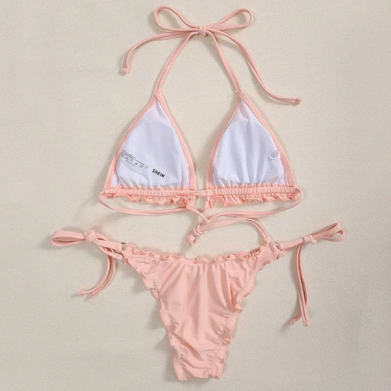 Ribbed Ruffled Frilled Brazilian Bikini Women Swimsuit Female Swimwear Two Pieces Bikini Set Halter String Bathing Suit Swim