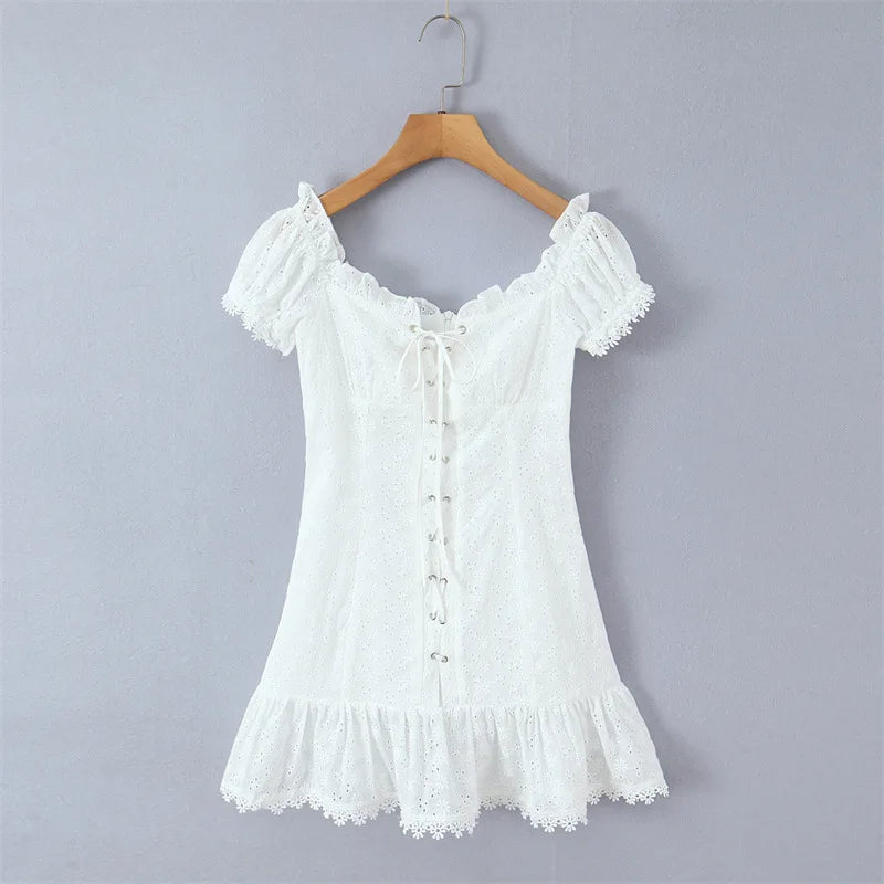 One-shoulder Off-the-shoulder Puff Sleeve Dress For Women With Hollowed-out Chest Embroidered Straps Pure Desire Dress 534Q