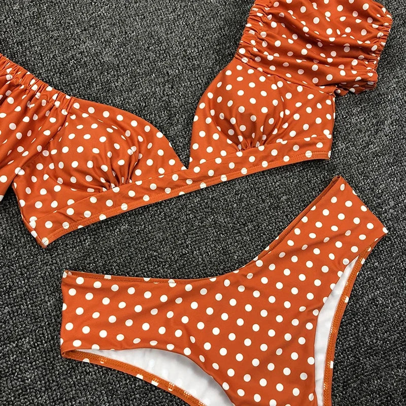 Sexy V Neck Short Sleeve Polka Dot Bikini Female Swimsuit Women Swimwear Two-pieces Bikini set Bather Bathing Suit Swim Lady