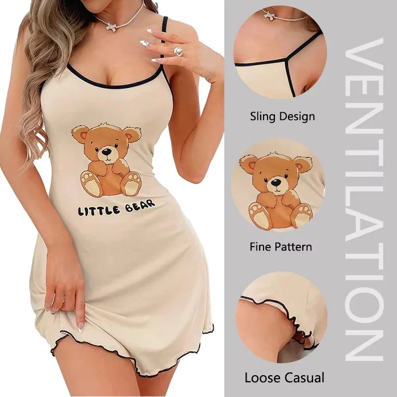Summer Suspenders Mini Dress Women Sleepwear Comfortable Home Leisure Sexy Nightgowns Littler Bear Printed Nightdress