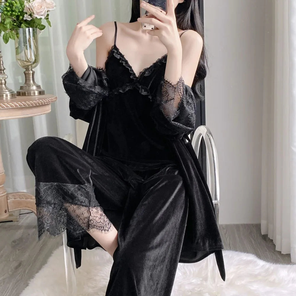 Gold velvet three-piece pajamas set, autumn and winter lace nightgown, sexy home wear with chest pad