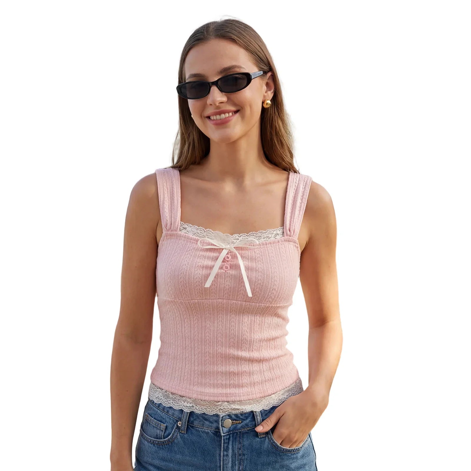 Women Summer Solid Color Tank Tops Casual Lace Trim Cute Bow Sleeveless Basic Vest Streetwear