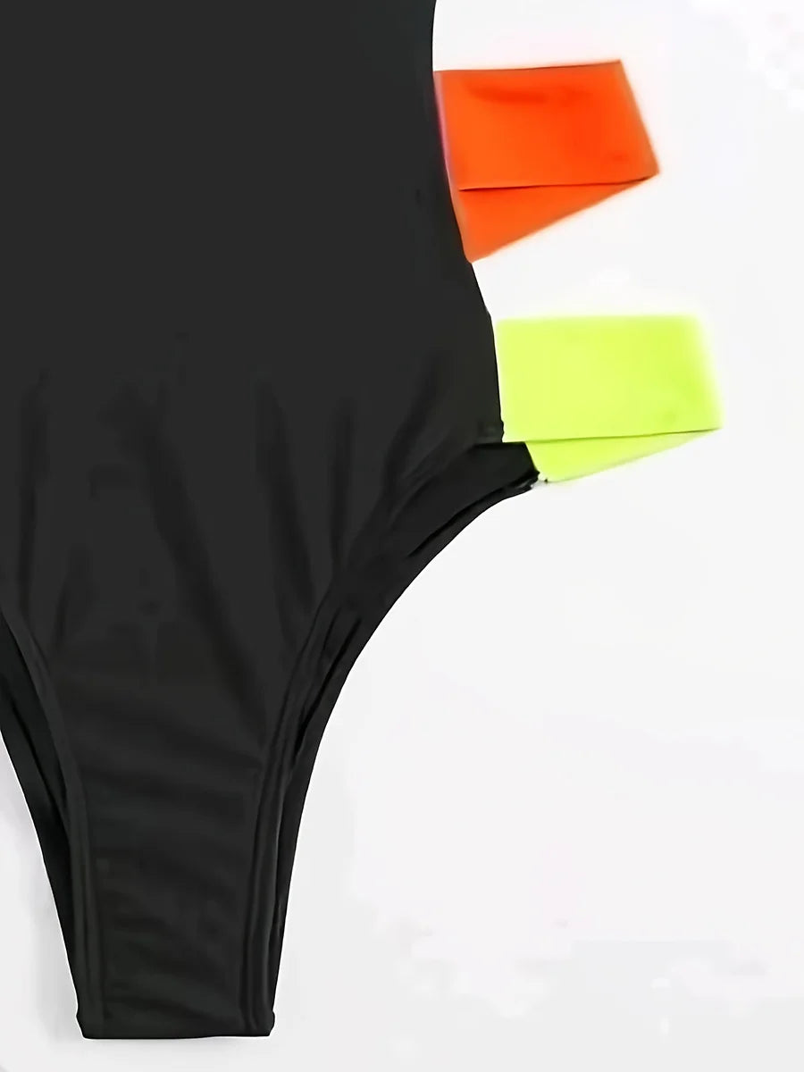 Splicing Black Contrast Women Swimwear One Piece Swimsuit Female Monokini High Cut Bather Backless Bathing Suit Swim Beachwear
