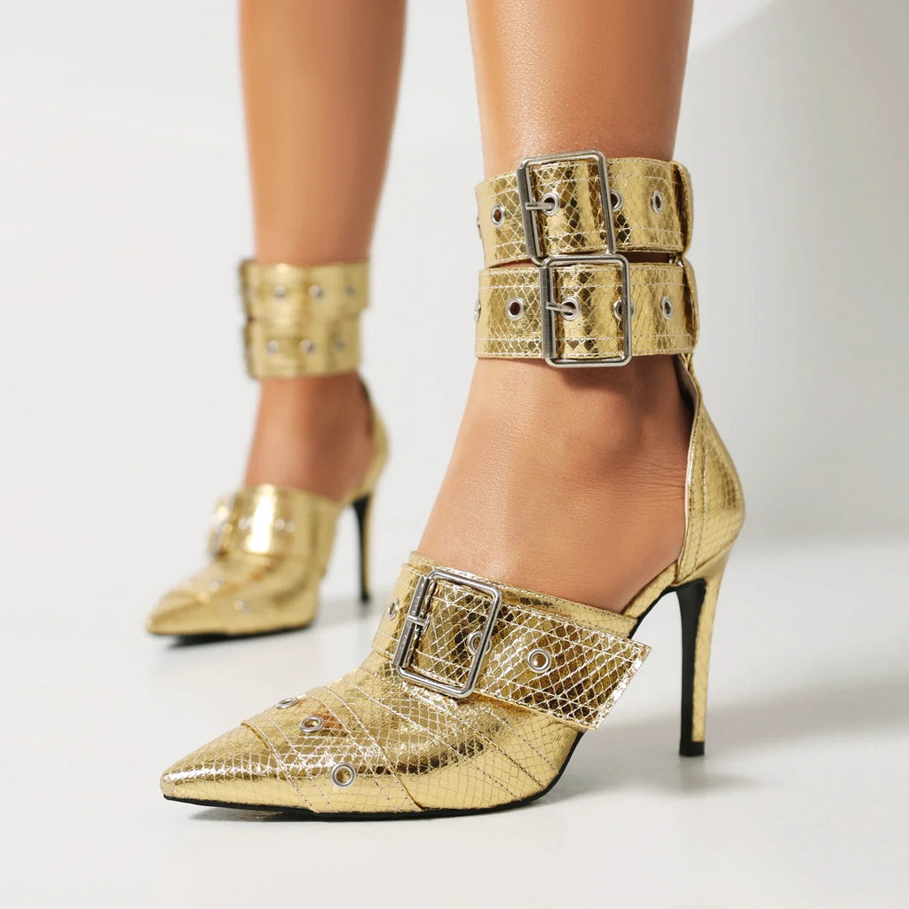 2026 Spring Fashion New Sexy Nightclub Party Pointed Toe Metal Buckle Decorated High Heel Shoes Women's Shoes Size 34-48