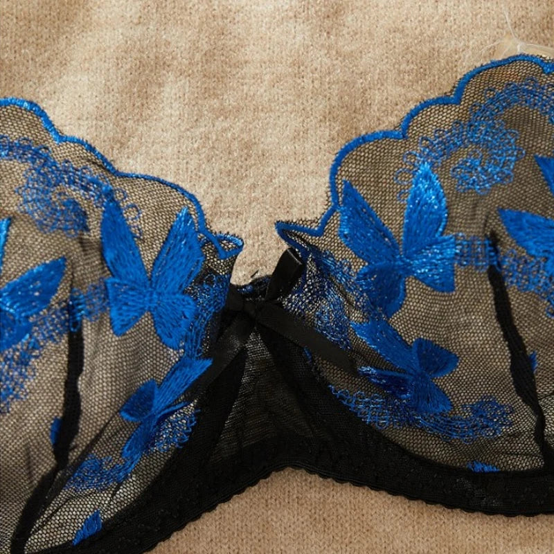 Toucheart Sexy Bra Underwear Set For Women Embroidery Butterfly Printing Patchwork Mesh Hollow Out Perspective Underwear Suit