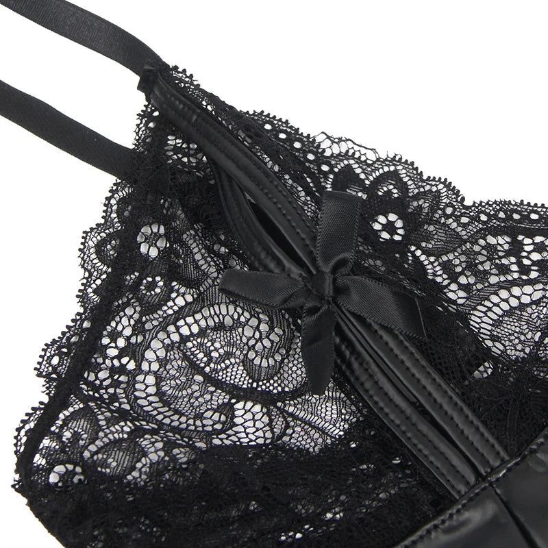 Black Sexy Lingeries Faux Leather Hollow Out Ruffled Lace Zipper Deep V-Neck Jumpsuits Adjustable Straps Elegant Women Bodysuits